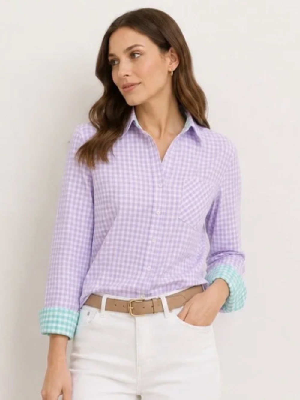 Brooks Brothers purple & white checked shirt w/ blue & white check
